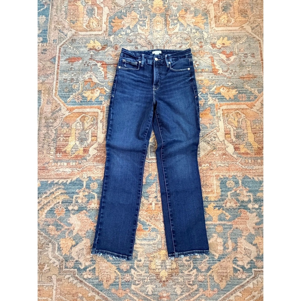 Good American Good Straight High Rise Raw Hem Jeans Dark Wash Blue Size 8/29